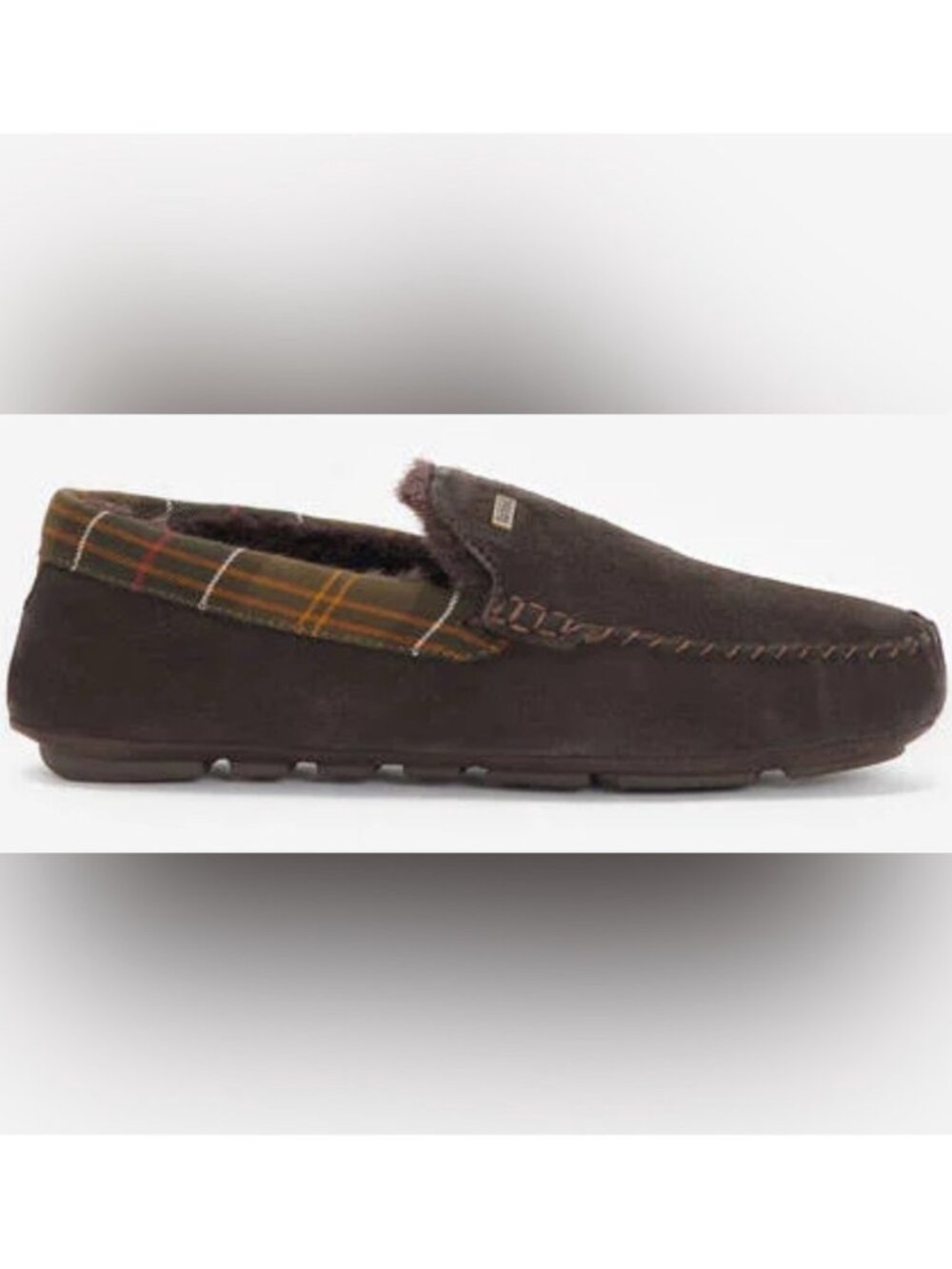 Barbour Men's Monty Faux Fur-lined Suede Slipper w/ tartan trim SZ8 NWOB